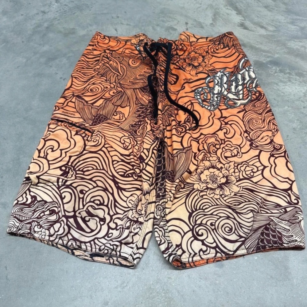 Vintage Y2K Rip Curl Koi Fish Board Shorts Mens 34 Orange Surf Trunks